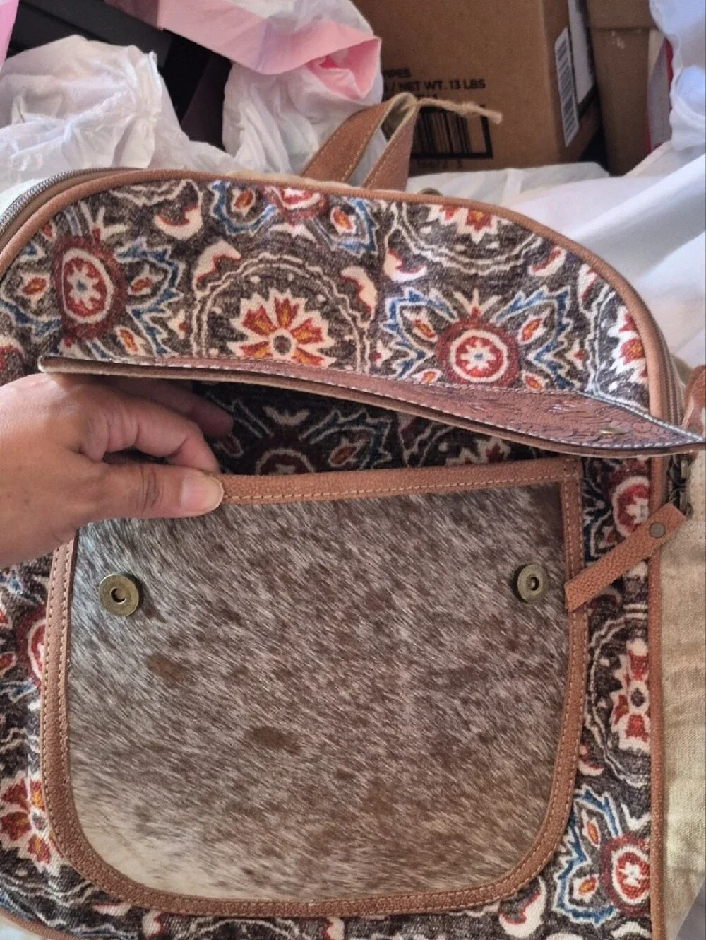 Boho Printed Canvas Backpack with Floral Tooled Leather Pocket - Multicolor